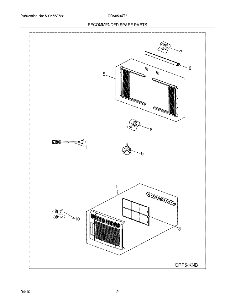 RECOMMENDED SPARE PARTS Diagram and Parts List for CRA050XT71  Frigidaire Air Conditioner