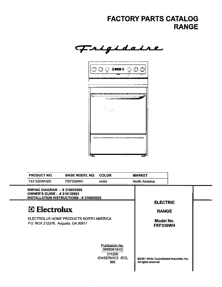 COVER Diagram and Parts List for FEF336WHSD  Frigidaire Range