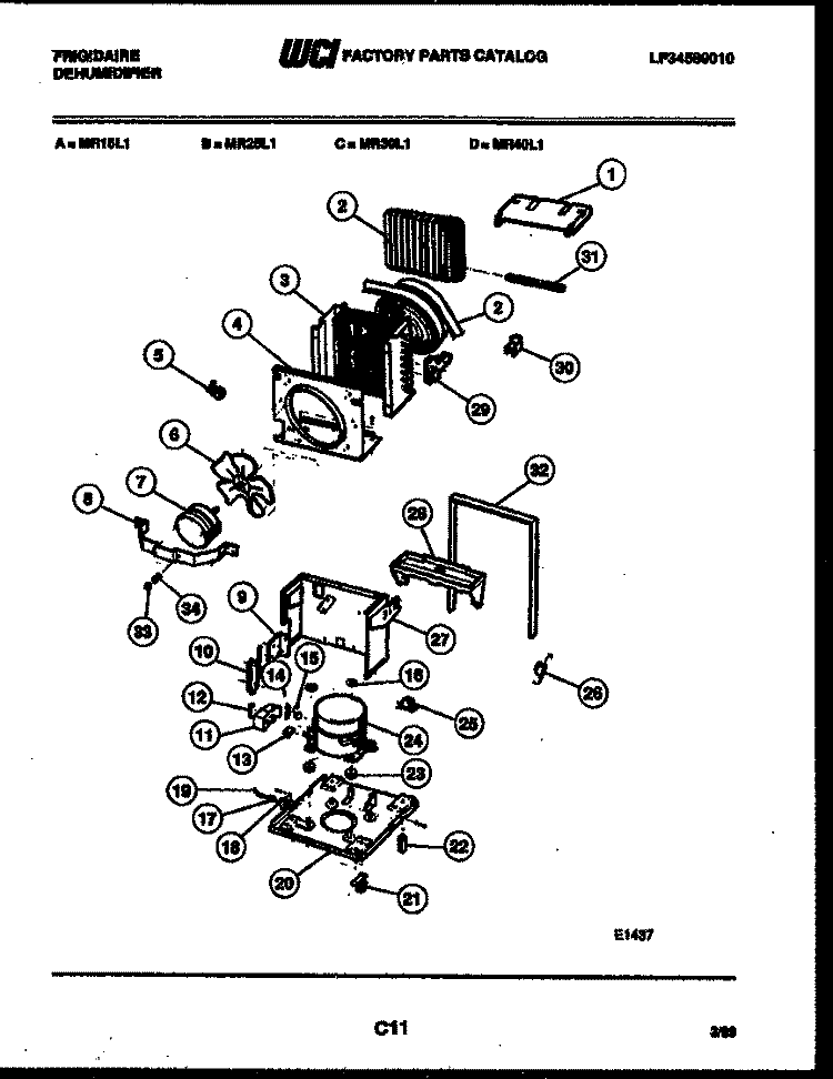 AIR, WATER AND CONDENSING PARTS Diagram and Parts List for MR40L1  Frigidaire Dehumidifier