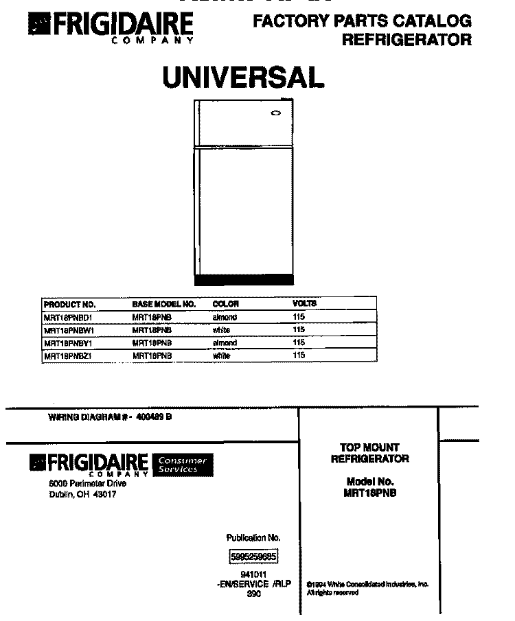 TOP MOUNT REFRIGERATOR Diagram and Parts List for MRT18PNBZ1  Frigidaire Refrigerator