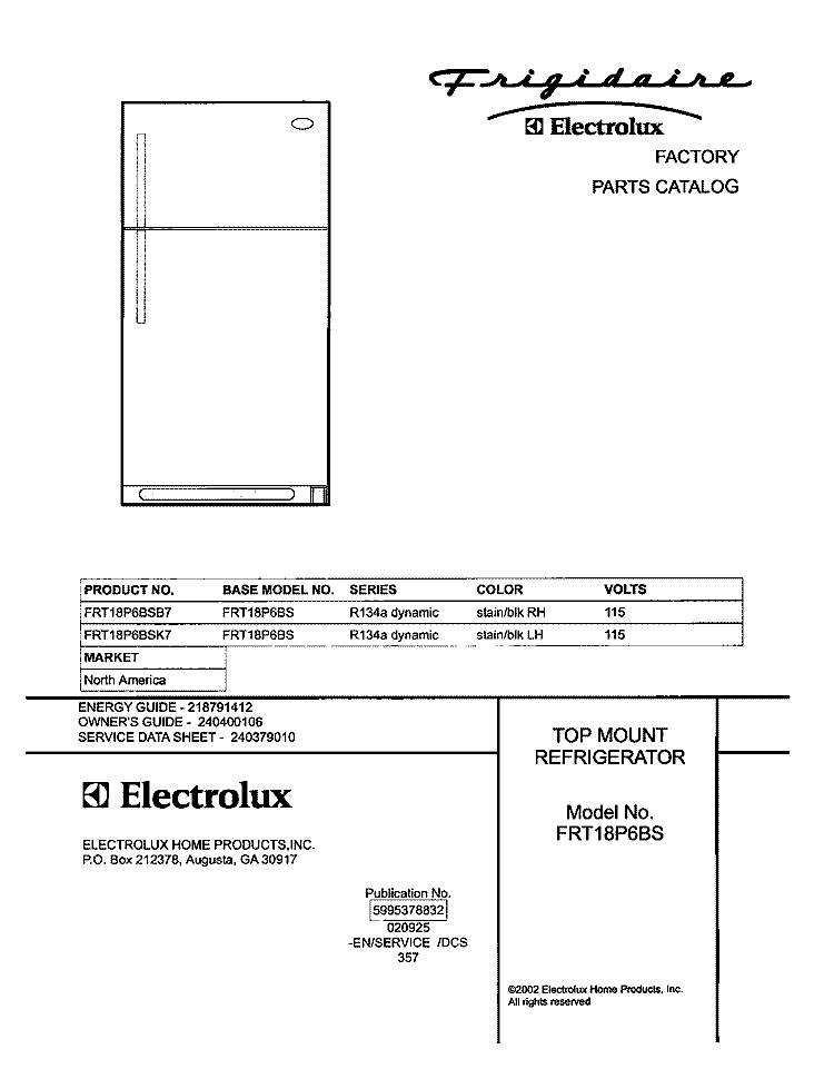 COVER Diagram and Parts List for FRT18P6BSB7  Frigidaire Refrigerator