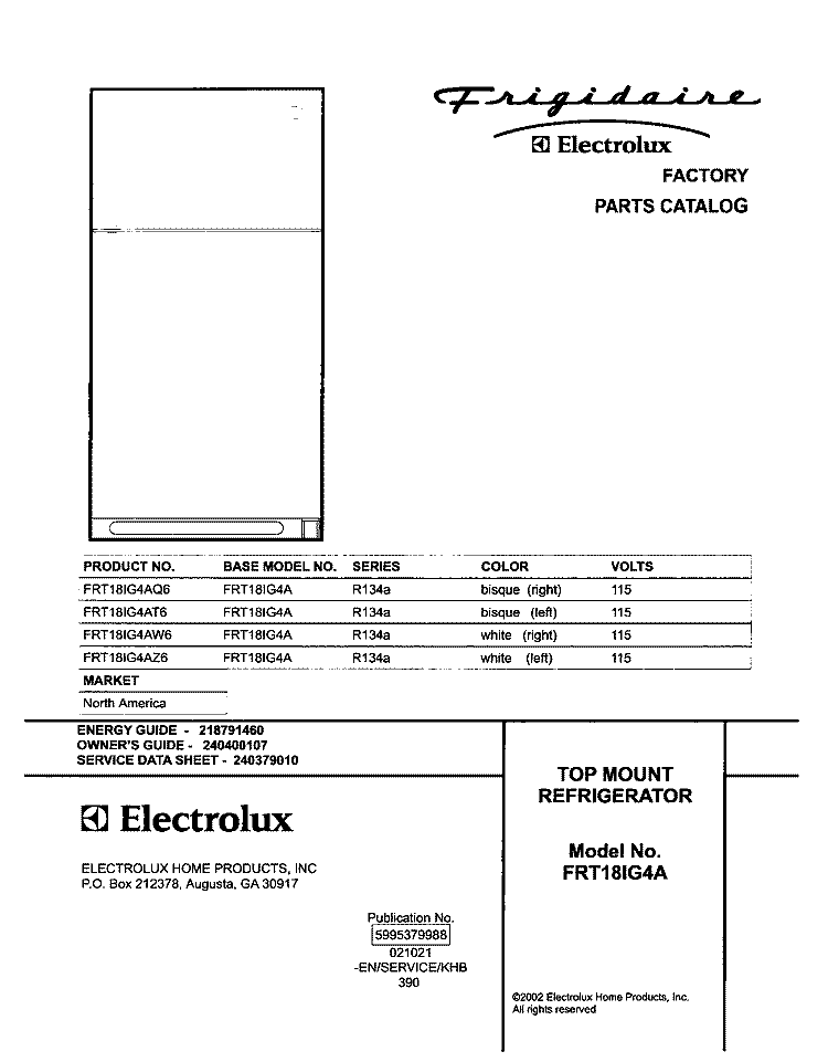 COVER Diagram and Parts List for FRT18IG4AZ6  Frigidaire Refrigerator