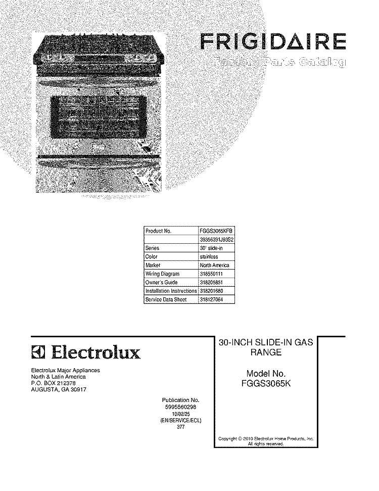 COVER Diagram and Parts List for FGGS3065KFB  Frigidaire Range
