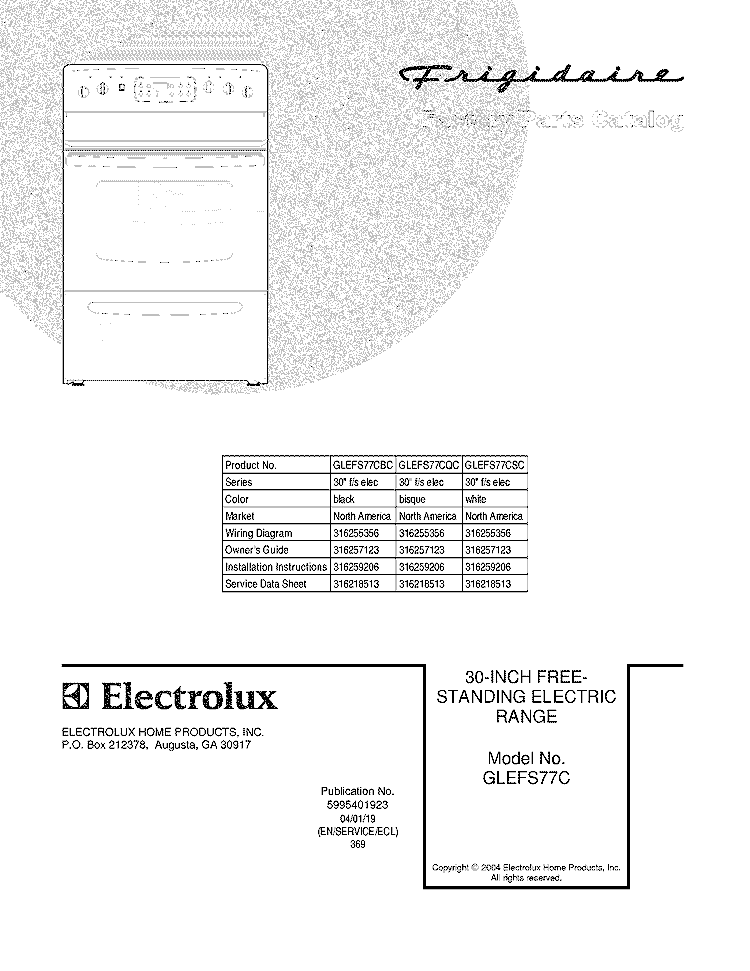 COVER Diagram and Parts List for GLEFS77CQC  Frigidaire Range