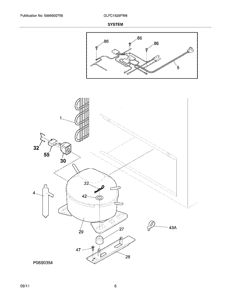 SYSTEM Diagram and Parts List for GLFC1526FW8  Frigidaire Freezer