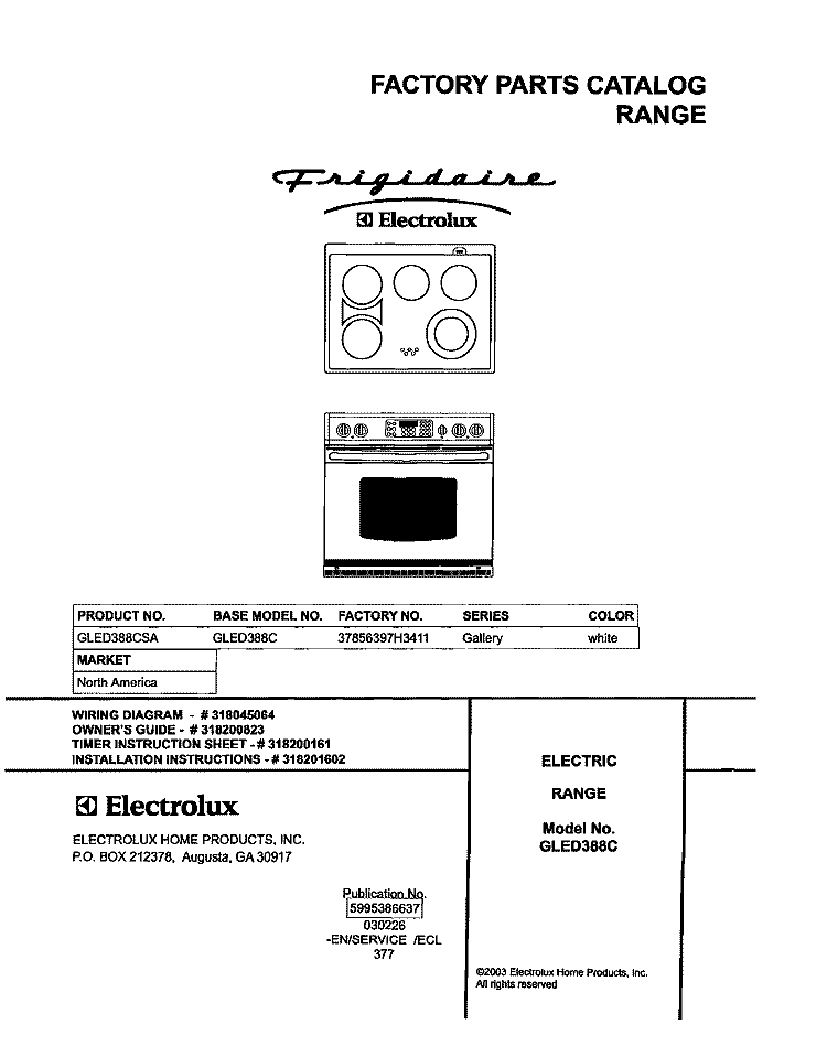 COVER Diagram and Parts List for GLED388CSA  Frigidaire Range