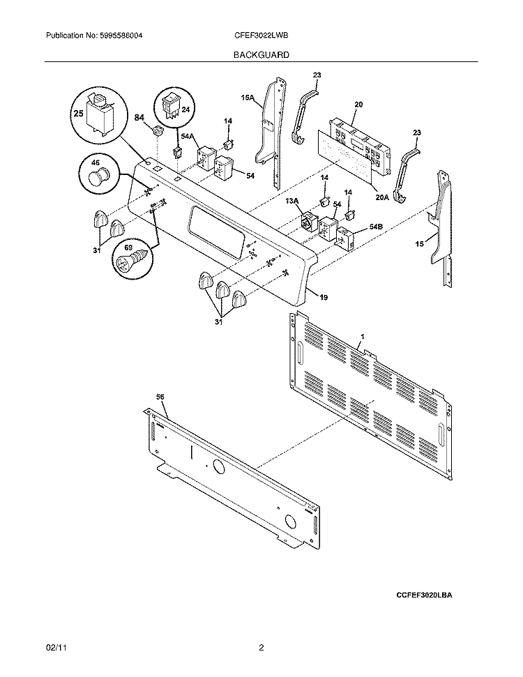 BACKGUARD Diagram and Parts List for CFEF3022LWB  Frigidaire Range