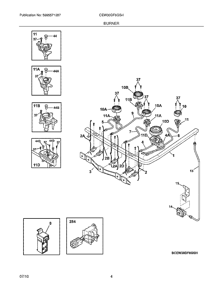 BURNER Diagram and Parts List for CEW30DF6GSH  Electrolux Range