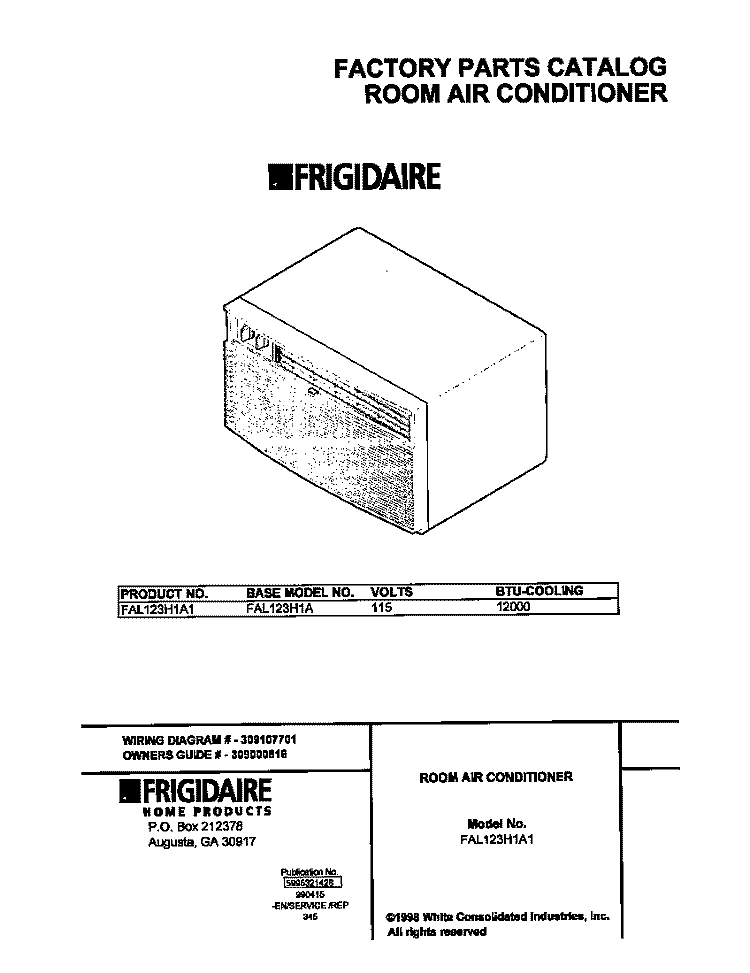 COVER Diagram and Parts List for FAL123H1A1  Frigidaire Air Conditioner