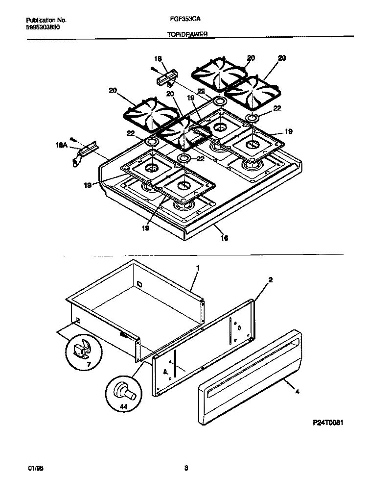 TOP / DRAWER Diagram and Parts List for FGF353CASH  Frigidaire Range