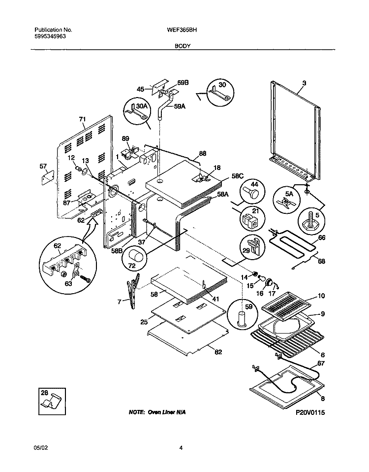BODY Diagram and Parts List for WEF365BHDA  Westinghouse Range