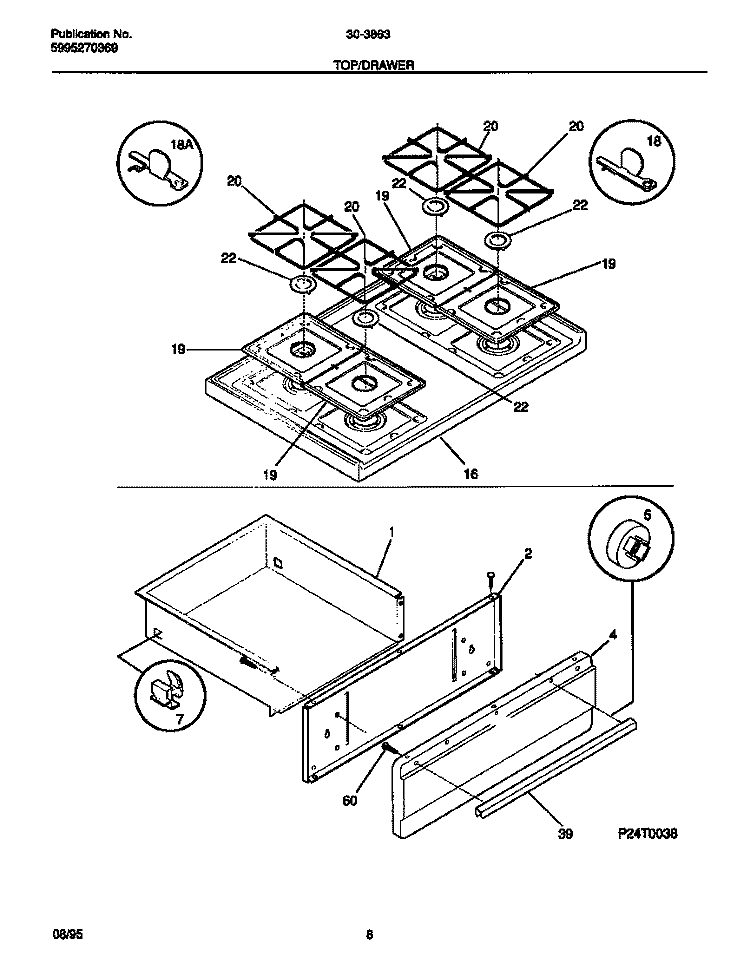 TOP / DRAWER Diagram and Parts List for 30-3863-00-05  Tappan Range