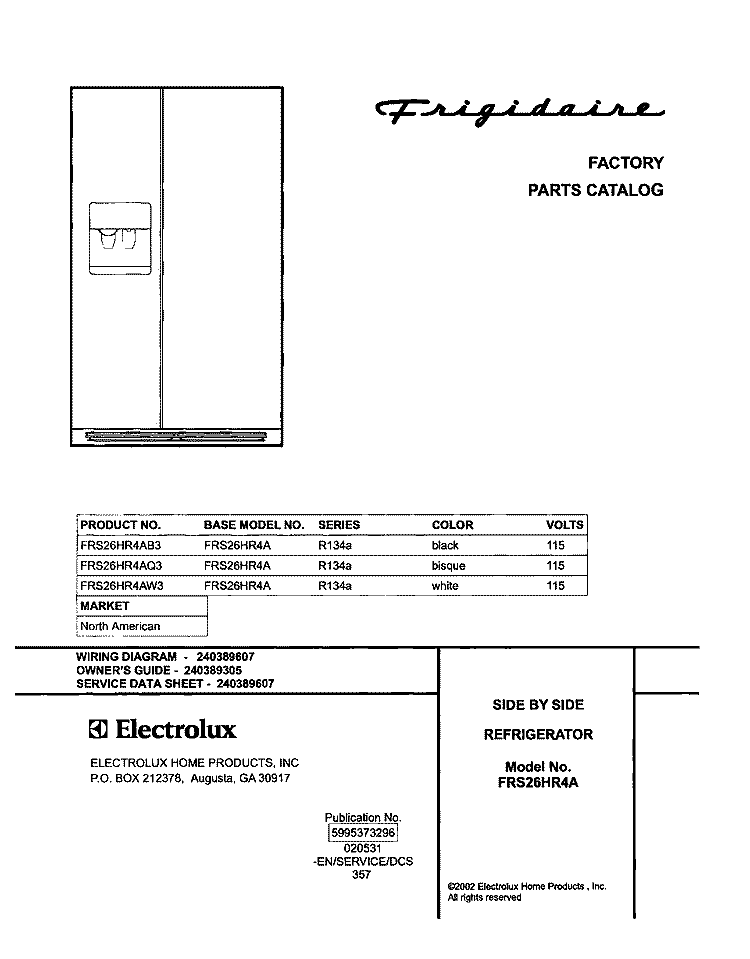 COVER Diagram and Parts List for FRS26HR4AB3  Frigidaire Refrigerator