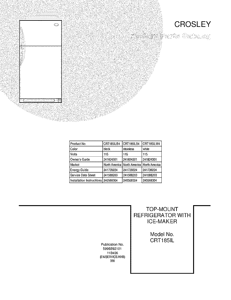 COVER Diagram and Parts List for CRT185ILB4  Frigidaire Refrigerator