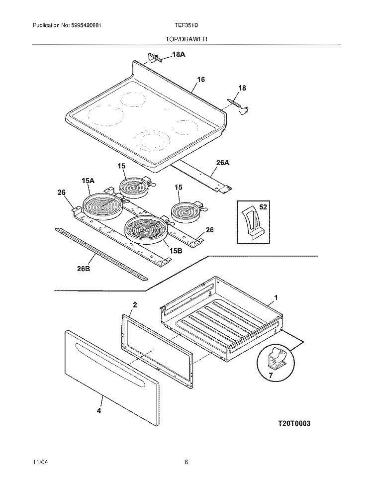 TOP / DRAWER Diagram and Parts List for TEF351DUA  Tappan Range