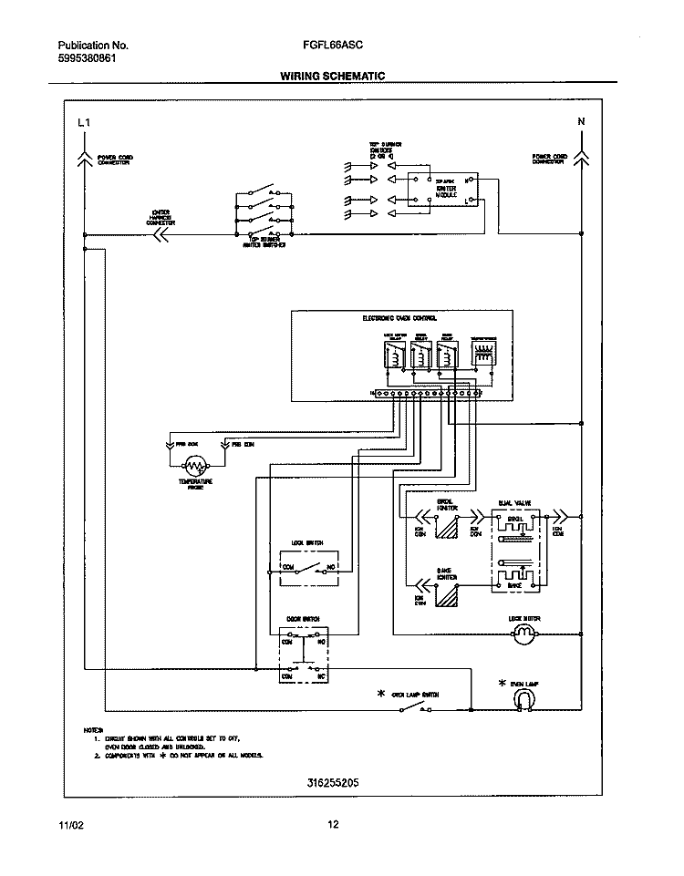 WIRING SCHEMATIC Diagram and Parts List for FGFL66ASC  Frigidaire Range