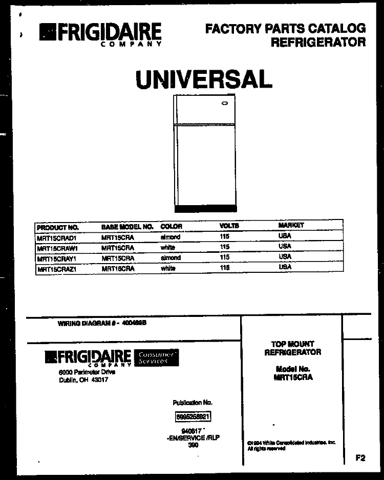 COVER Diagram and Parts List for MRT15CRAY1  Uni Refrigerator