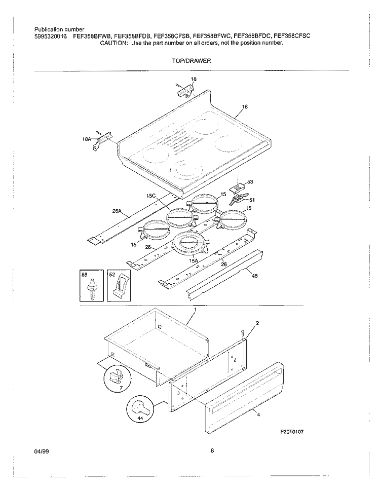 TOP / DRAWER Diagram and Parts List for FEF358CFSB  Frigidaire Range