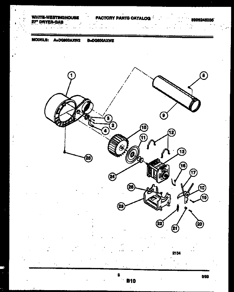 BLOWER AND DRIVE PARTS Diagram and Parts List for DG600AXD2  Frigidaire Dryer