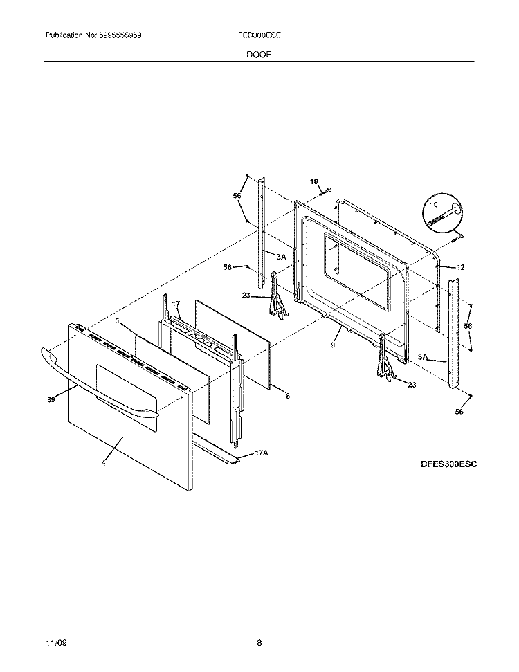 DOOR Diagram and Parts List for FED300ESE  Frigidaire Range