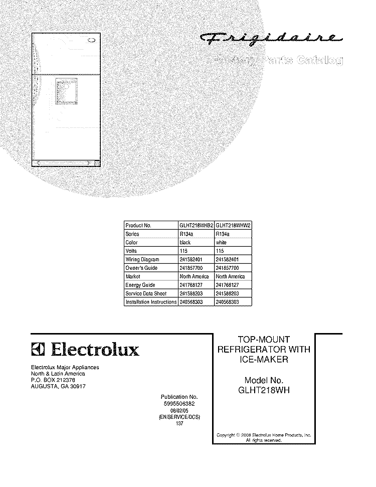 COVER Diagram and Parts List for GLHT218WHB2  Frigidaire Refrigerator