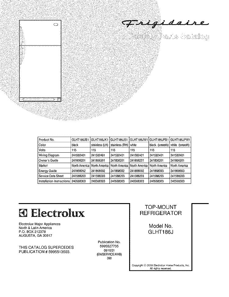 COVER Diagram and Parts List for GLHT186JPB1  Frigidaire Refrigerator
