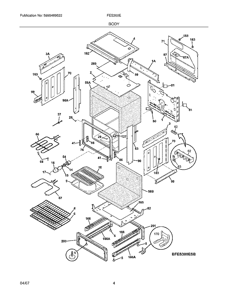BODY Diagram and Parts List for FES300EBD  Frigidaire Range