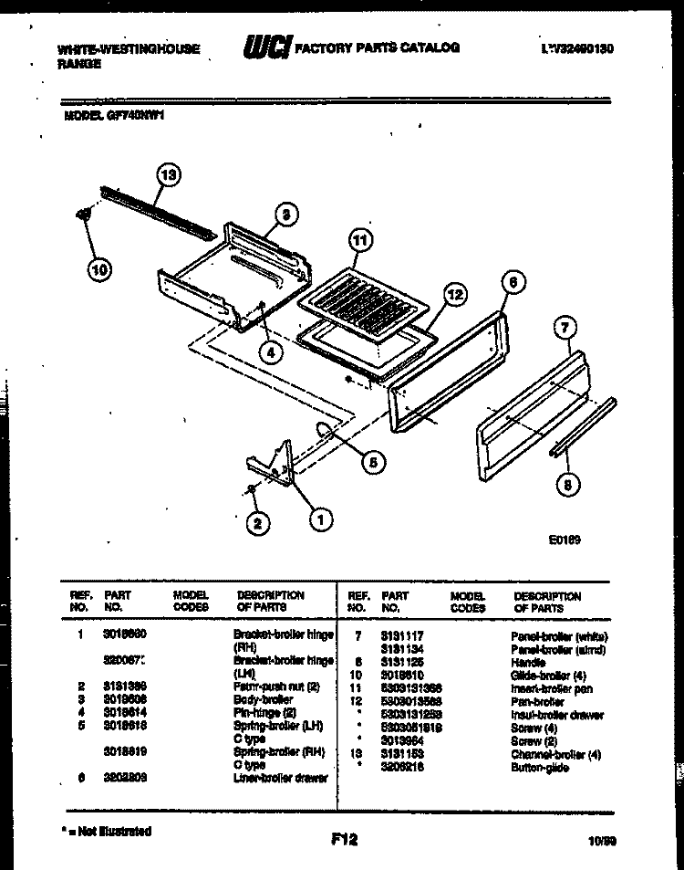 BROILER DRAWER PARTS Diagram and Parts List for GF740NW1  Frigidaire Range