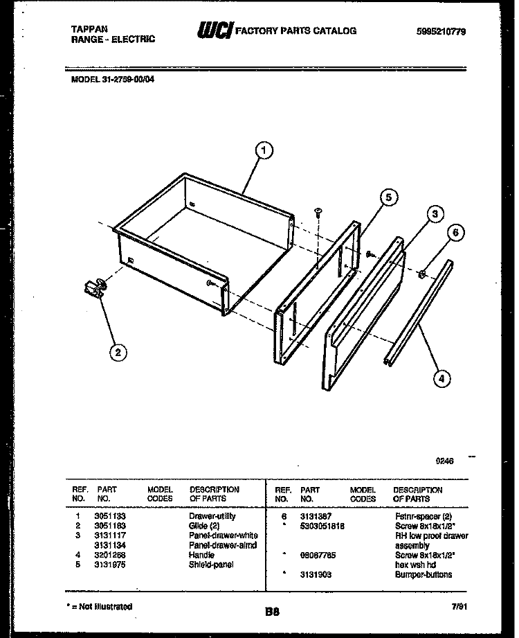 DRAWER PARTS Diagram and Parts List for 31-2759-00-04  Tappan Range