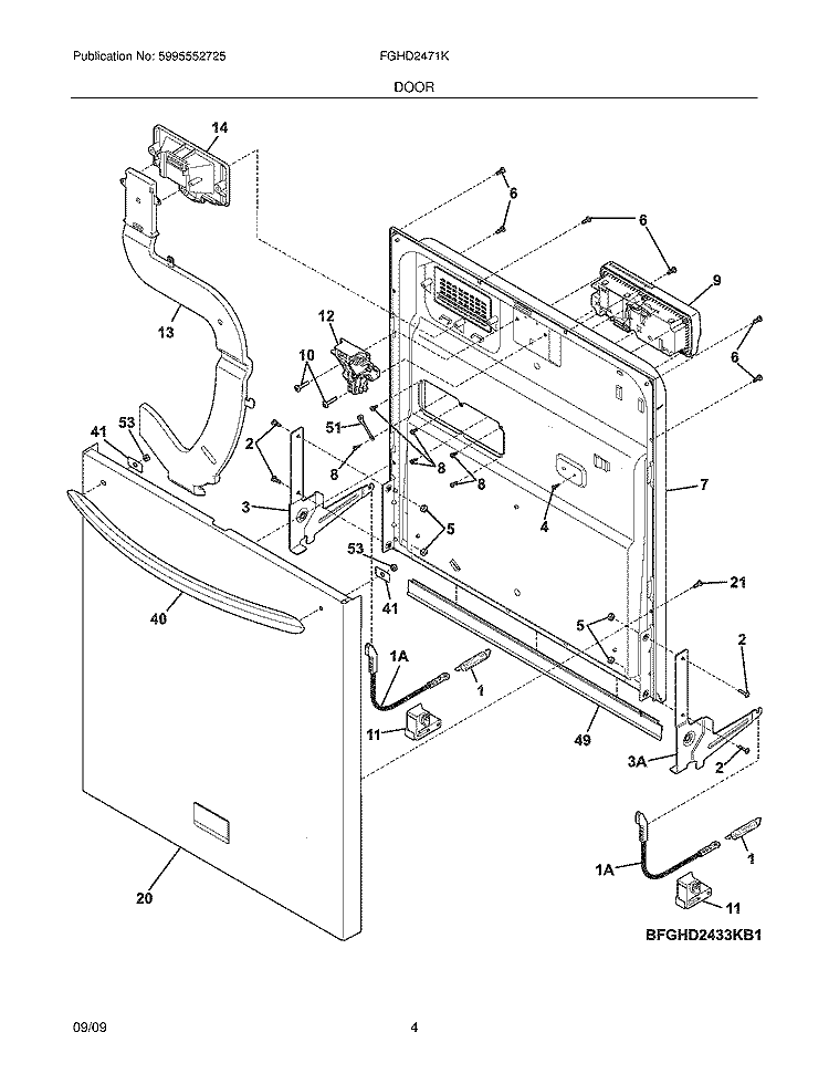 DOOR Diagram and Parts List for FGHD2471KW1  Frigidaire Dishwasher