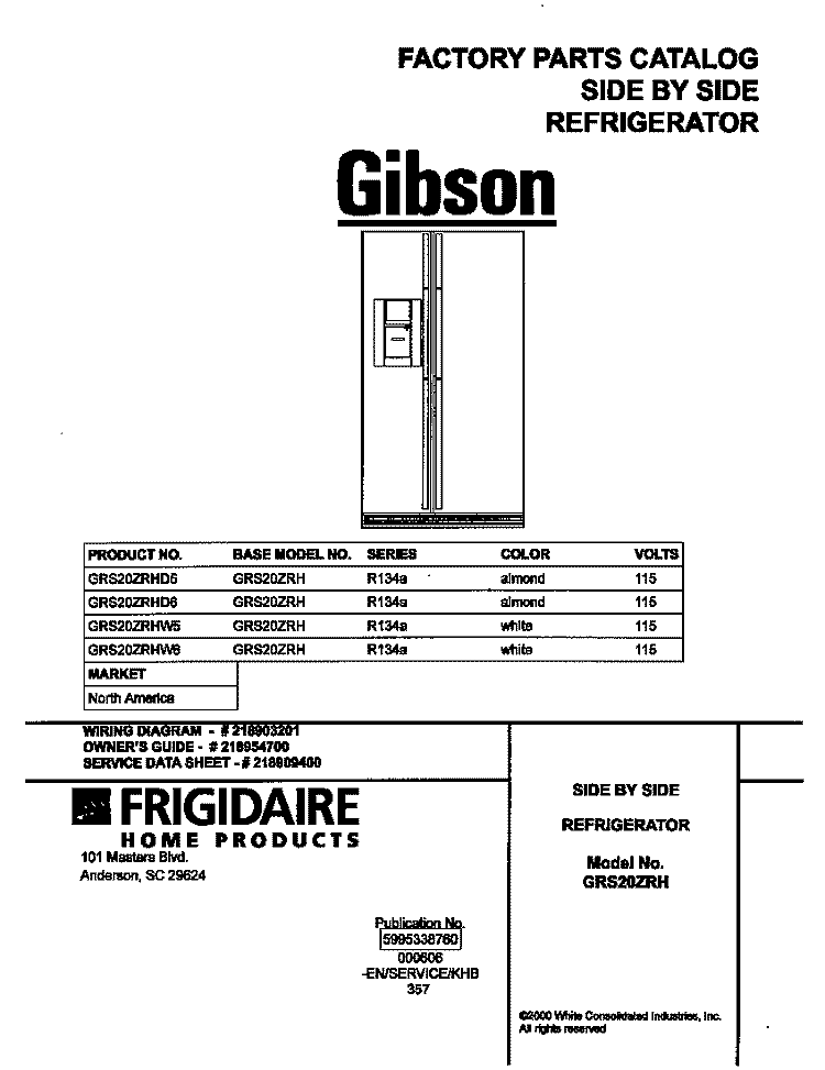 COVER Diagram and Parts List for GRS20ZRHD5  Gibson Refrigerator