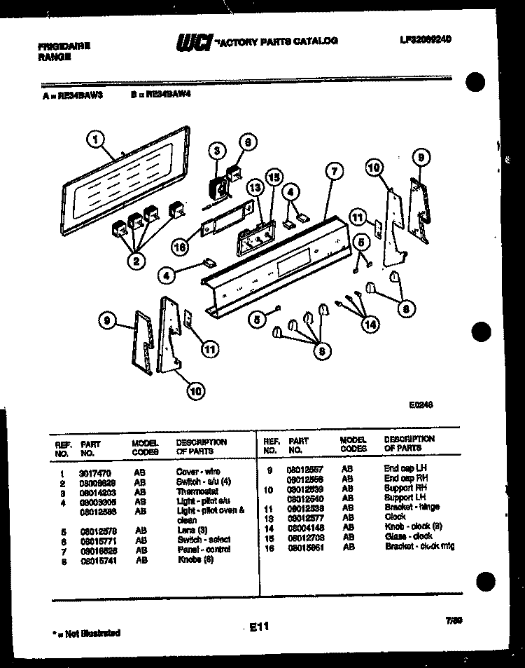 CONTROL PANEL Diagram and Parts List for RE34BAH4  Frigidaire Range