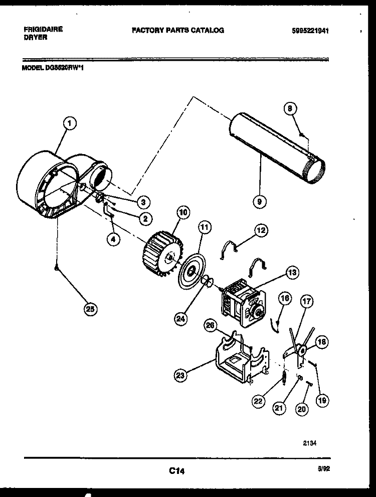 BLOWER AND DRIVE PARTS Diagram and Parts List for DG5520RW1  Frigidaire Dryer