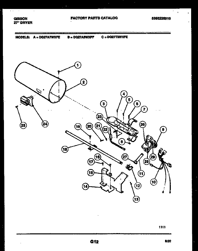 BURNER, IGNITER AND VALVE Diagram and Parts List for DG27A7WXFE  Gibson Dryer