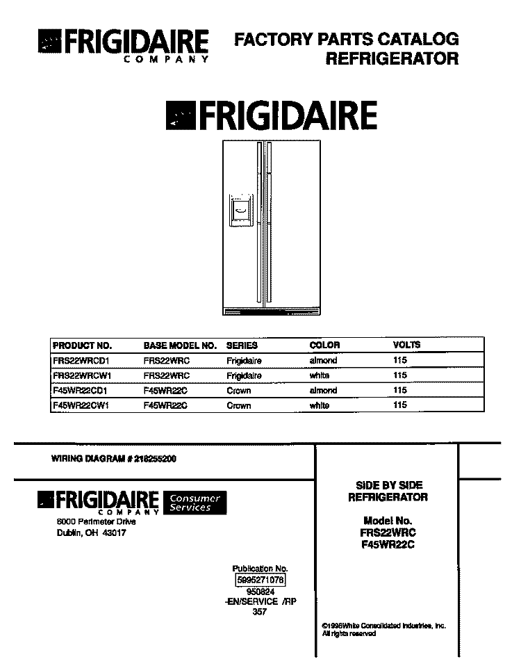 COVER Diagram and Parts List for F45WR22CD1  Frigidaire Refrigerator
