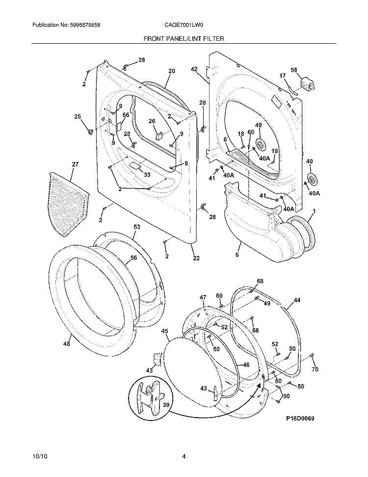 FRONT PANEL/LINT FILTER Diagram and Parts List for CAQE7001LW0  Frigidaire Dryer
