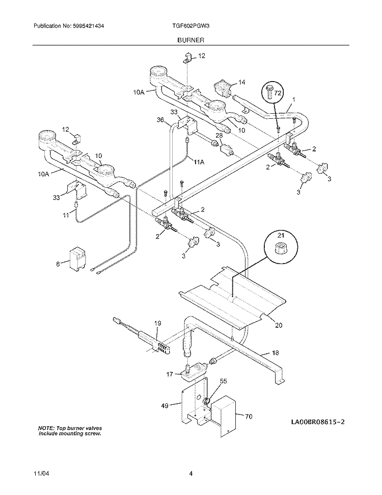 BURNER Diagram and Parts List for TGF602PGW3  Tappan Range