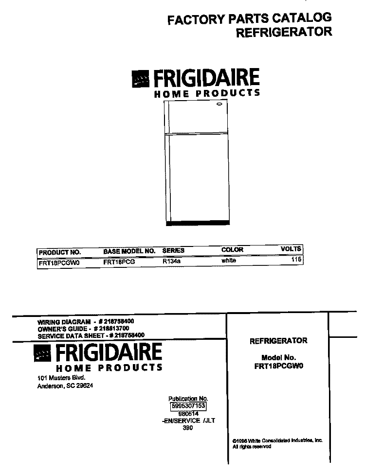 COVER Diagram and Parts List for FRT18PCGW0  Frigidaire Refrigerator