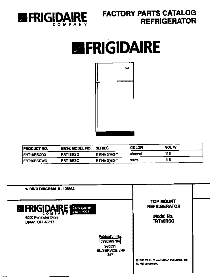 COVER Diagram and Parts List for FRT16RSCD3  Frigidaire Refrigerator