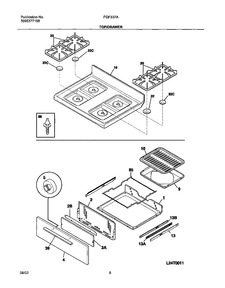 TOP / DRAWER Diagram and Parts List for FGF337ASA  Frigidaire Range