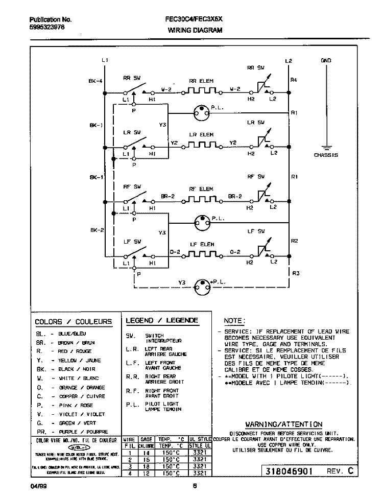 WIRING DIAGRAM Diagram and Parts List for FEC30C4HTA  Frigidaire Cooktop