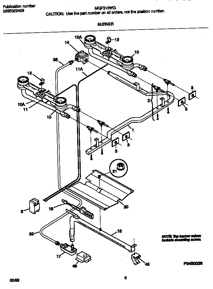 BURNER Diagram and Parts List for MGF316WGSD  Frigidaire Range