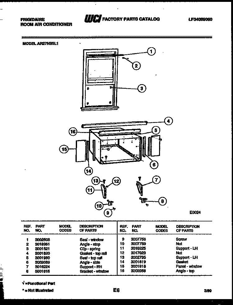 WINDOW MOUNTING PARTS Diagram and Parts List for AR27NS5L1  Frigidaire Air Conditioner