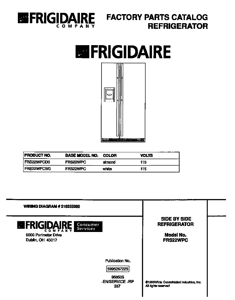COVER Diagram and Parts List for FRS22WPCW0  Frigidaire Refrigerator