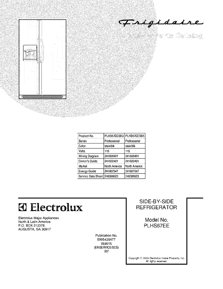 COVER Diagram and Parts List for PLHS67EESB3  Frigidaire Refrigerator