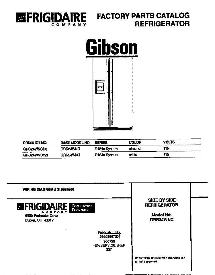 COVER Diagram and Parts List for GRS24WNCD3  Gibson Refrigerator