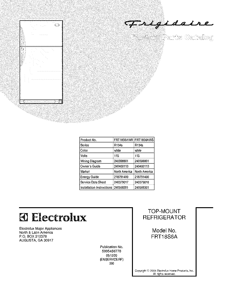 COVER Diagram and Parts List for FRT18S6AWS  Frigidaire Refrigerator