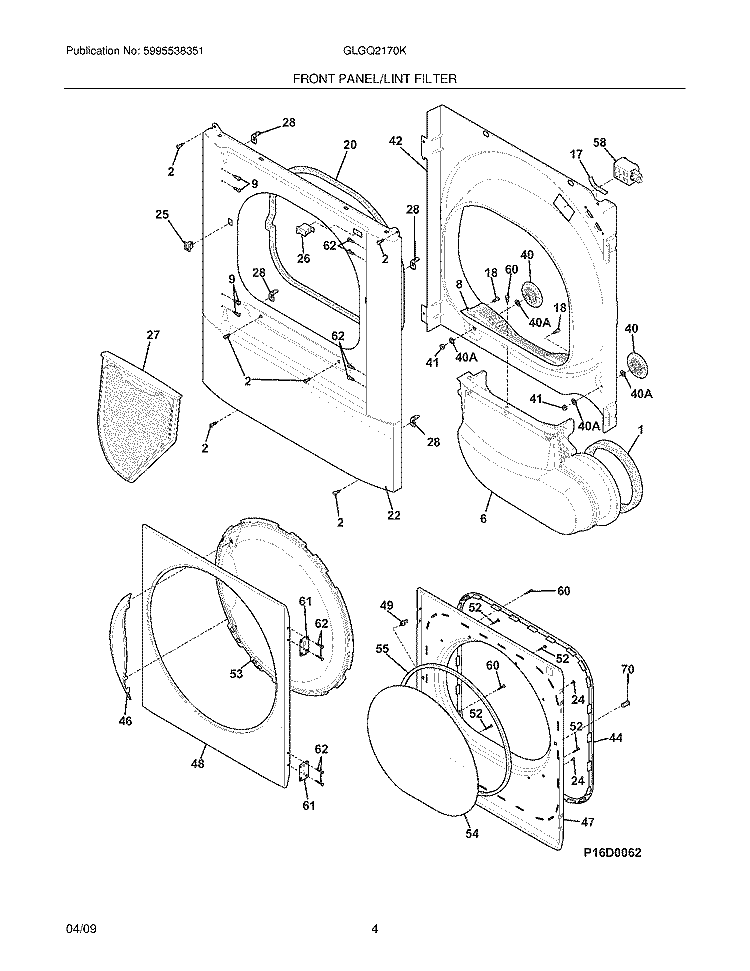 FRONT PANEL/LINT FILTER Diagram and Parts List for GLGQ2170KE0  Frigidaire Dryer