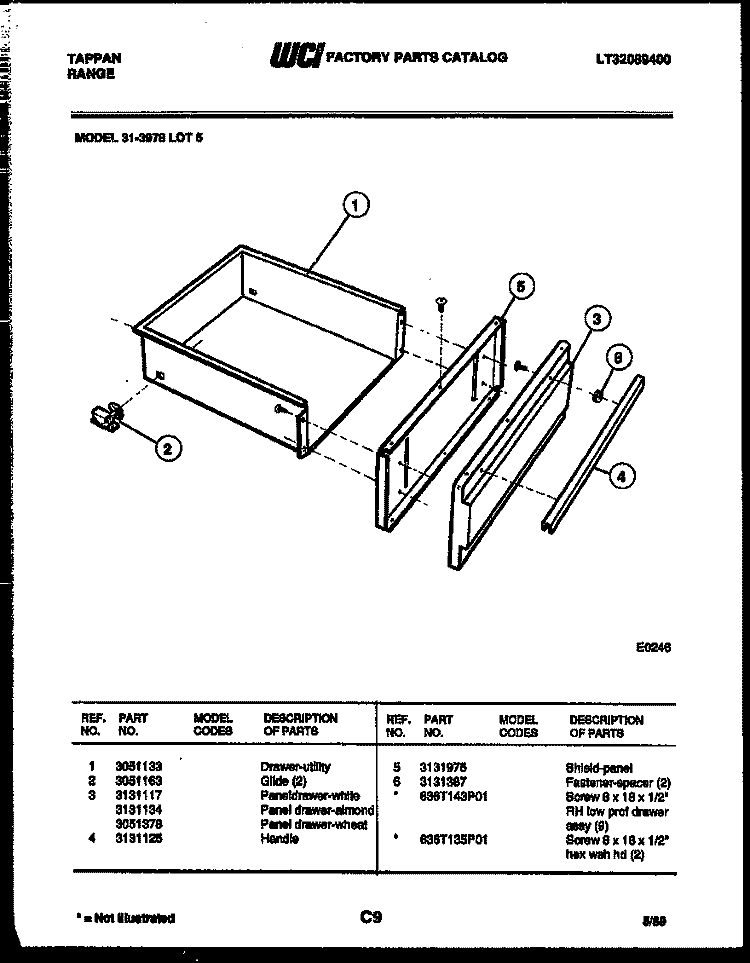 DRAWER PARTS Diagram and Parts List for 31-3978-23-05  Tappan Range