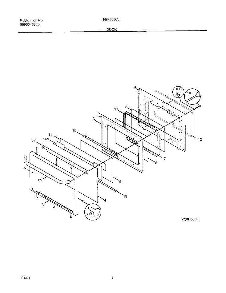 DOOR Diagram and Parts List for FEF388CJSB  Frigidaire Range